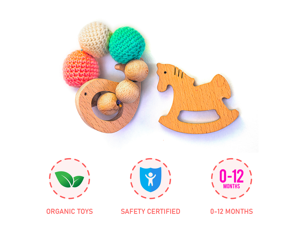 Wooden teether and rattle Fish and Horse (set of 2)- age 0-24 months old –  Rocking Potato